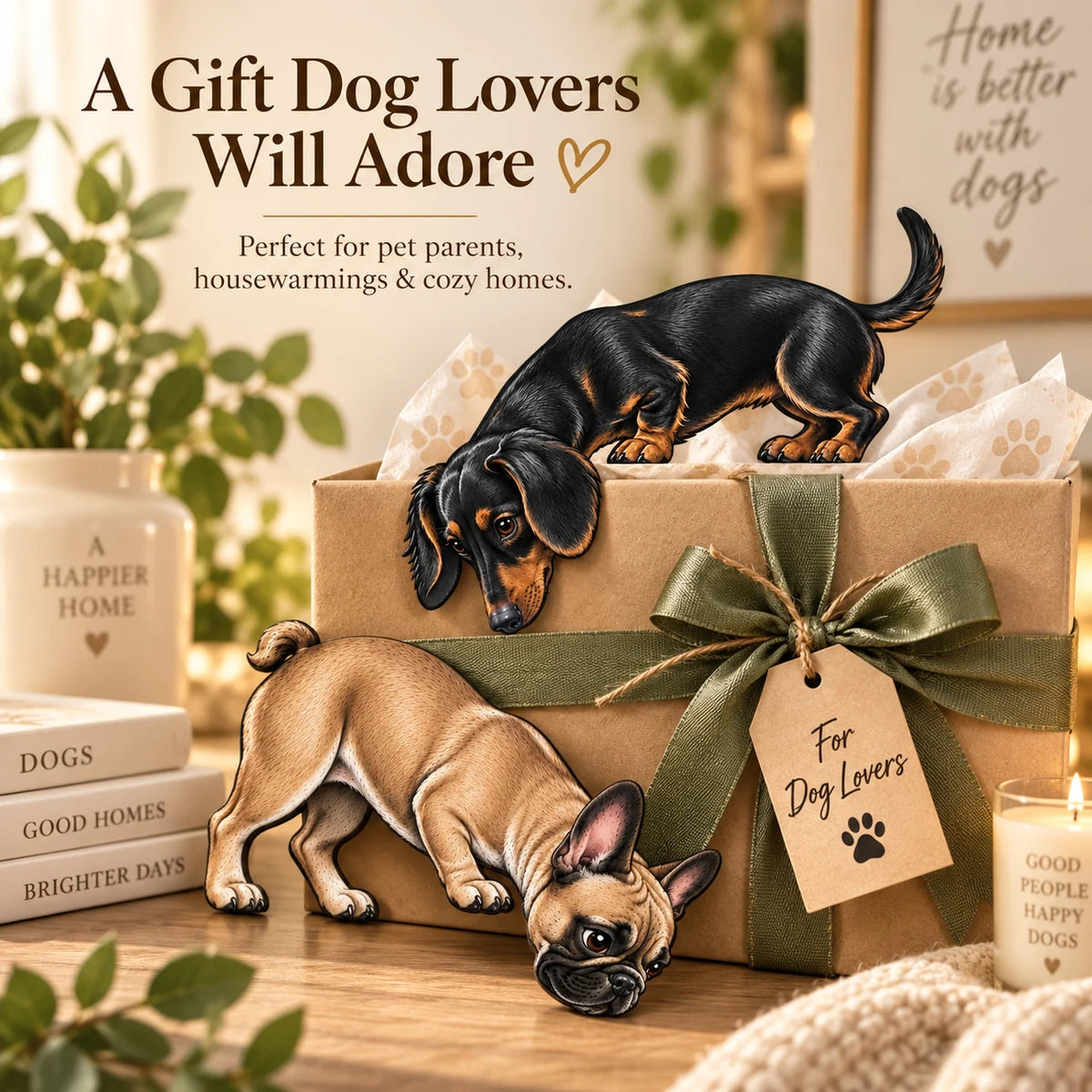 Dachshund and French Bulldog doorway toppers presented as a gift for dog lovers
