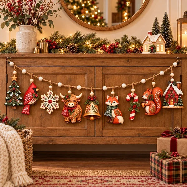 Garland hanging over rustic wooden sideboard