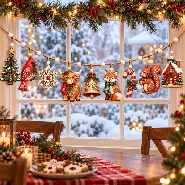 Woodland garland over a holiday dining window