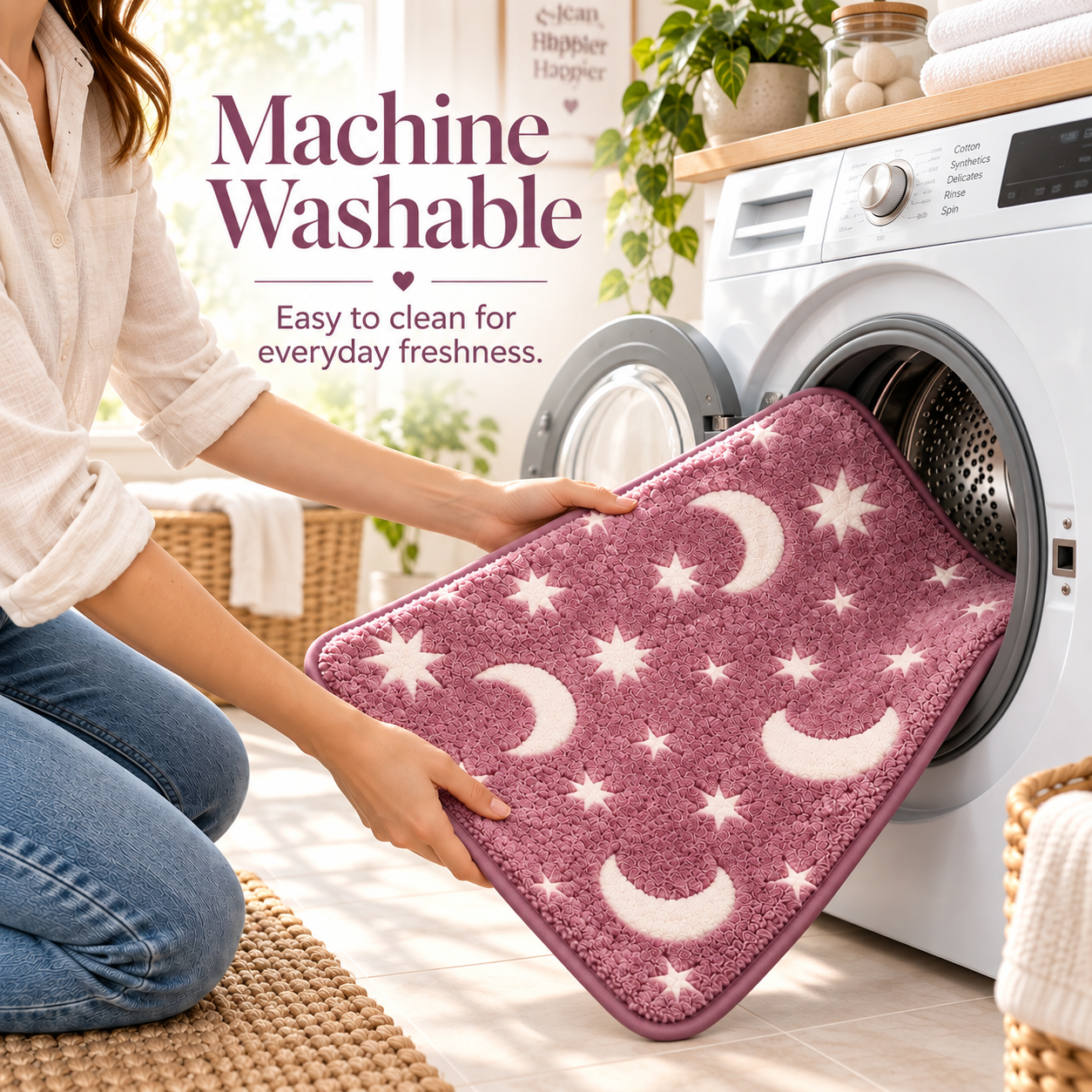 Pink moon and star bathroom mat being placed into a washing machine