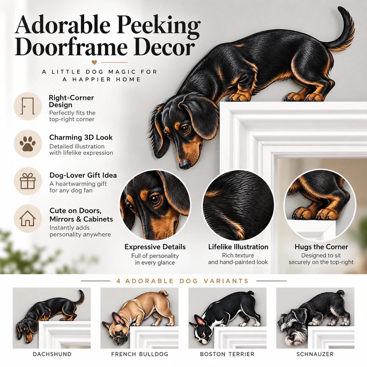 Peeking pup doorway topper feature overview with four dog styles