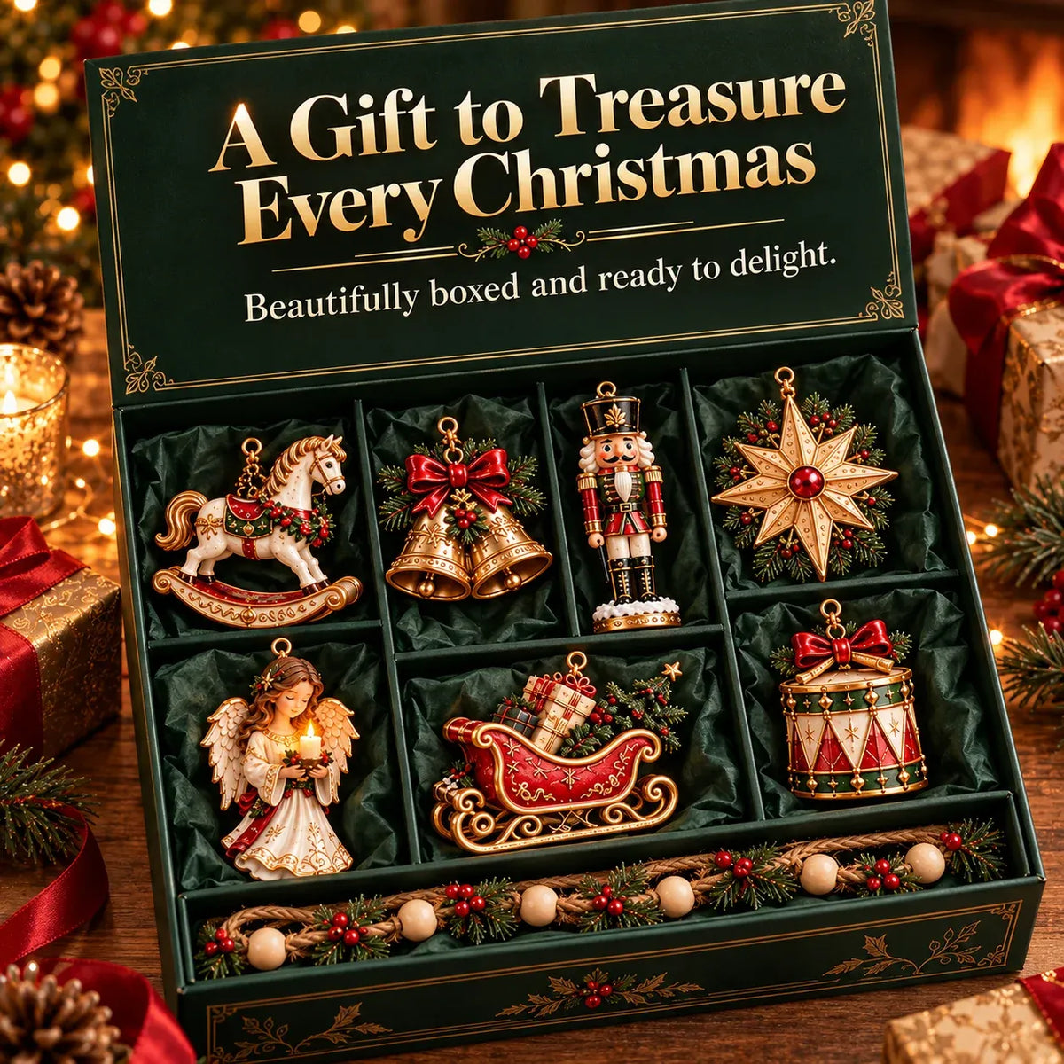 🎄 7-Piece Vintage Christmas Garland | Removable 3D Ornaments