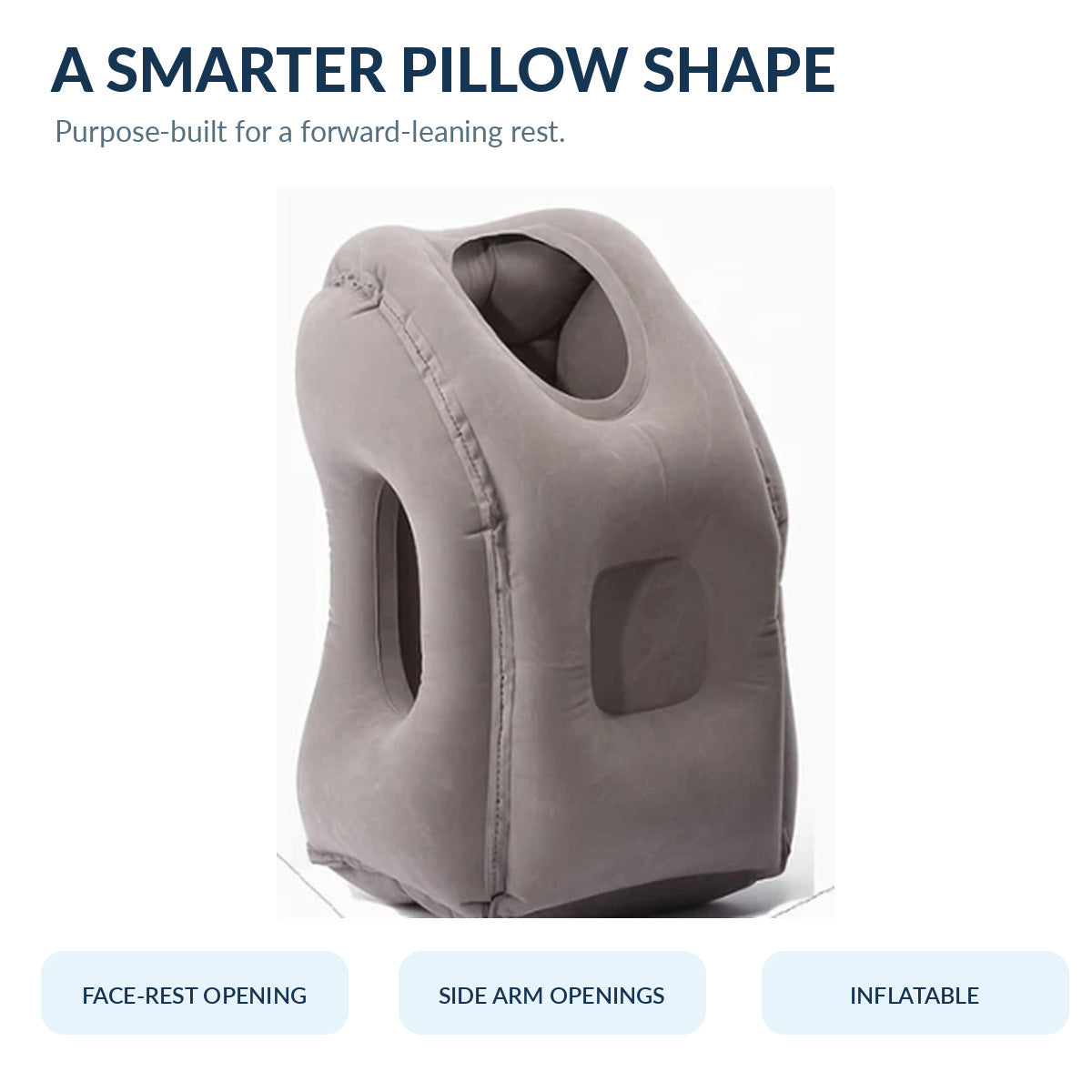 Pillow design showing face opening, side arm openings, and inflatable construction