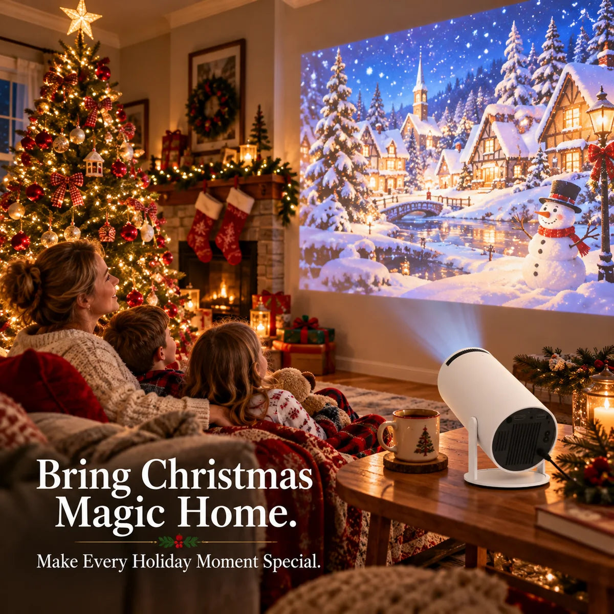 Christmas tree and winter village projected in a cozy home