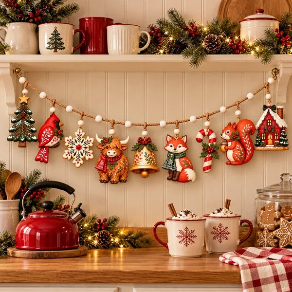 Farmhouse kitchen with Christmas garland above the counter