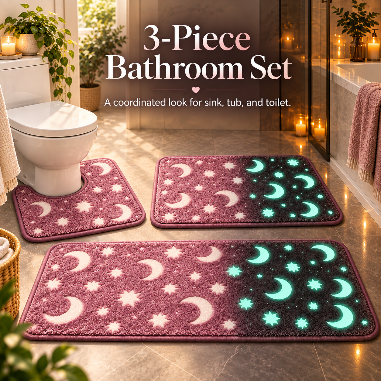 Coordinated 3-piece pink moon and star bathroom mat set