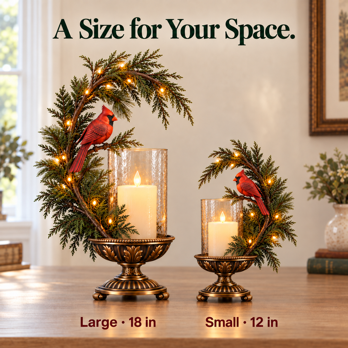 Size comparison: large 18-inch and small 12-inch cardinal candle holders