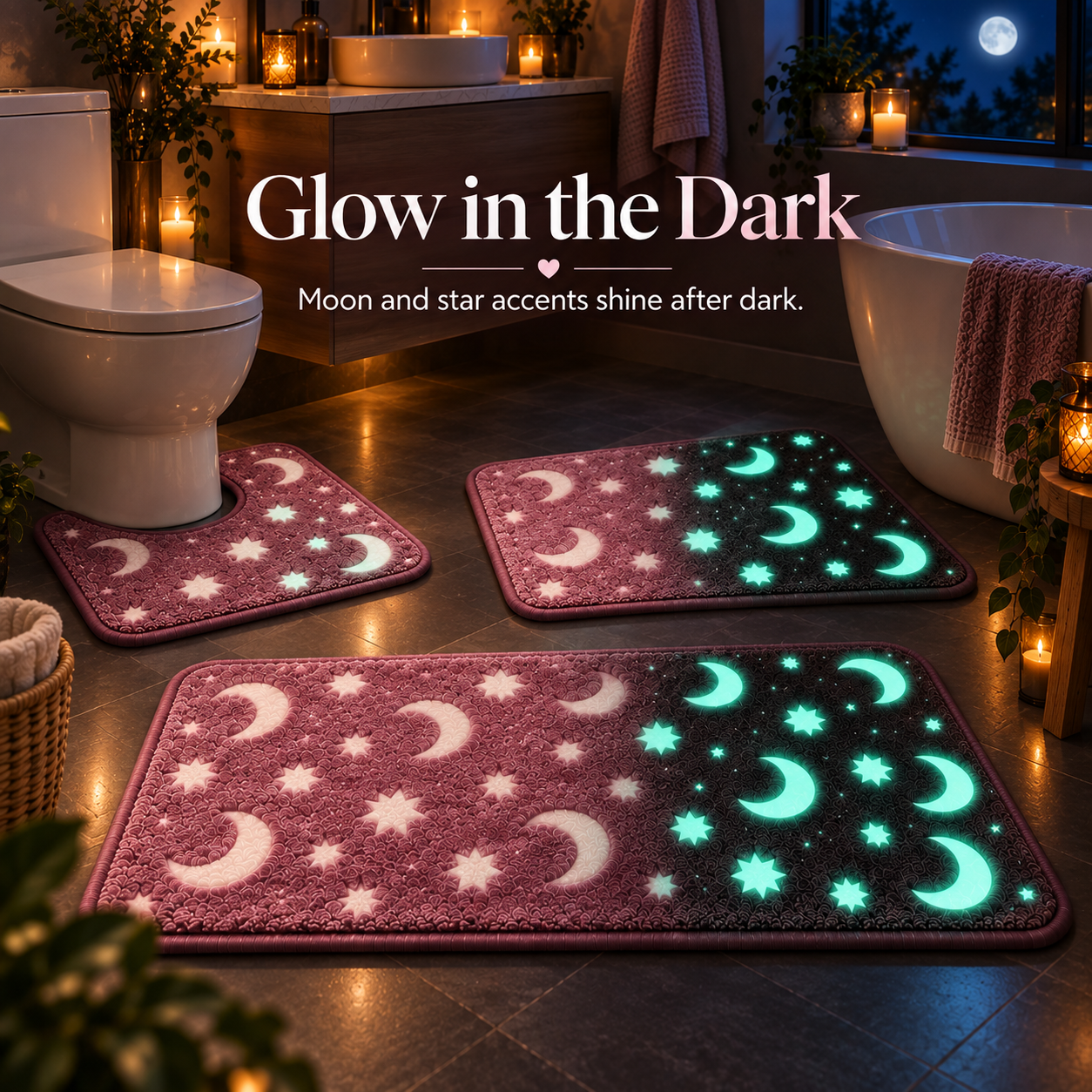 Moon and star bathroom mats glowing in a dark cozy bathroom