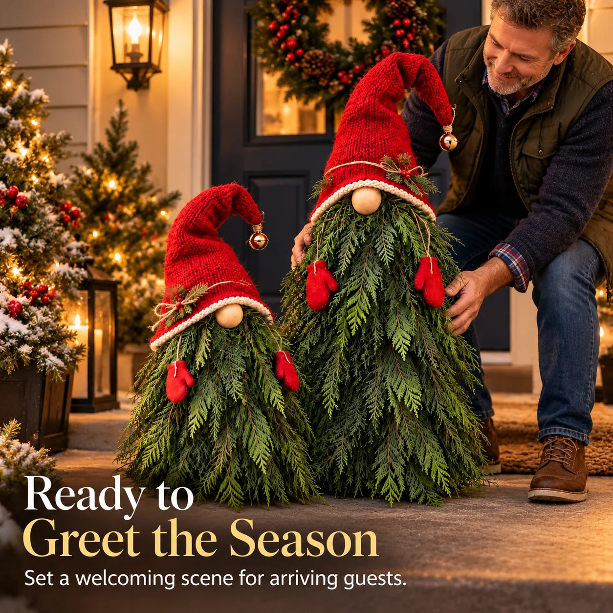 Ready to Greet the Season — Christmas evergreen gnome decoration