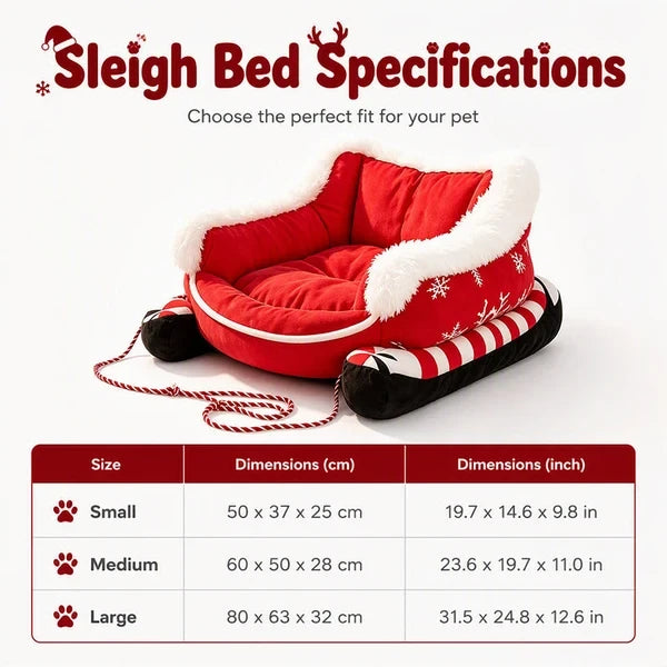 Size chart for small medium and large Christmas sleigh pet beds