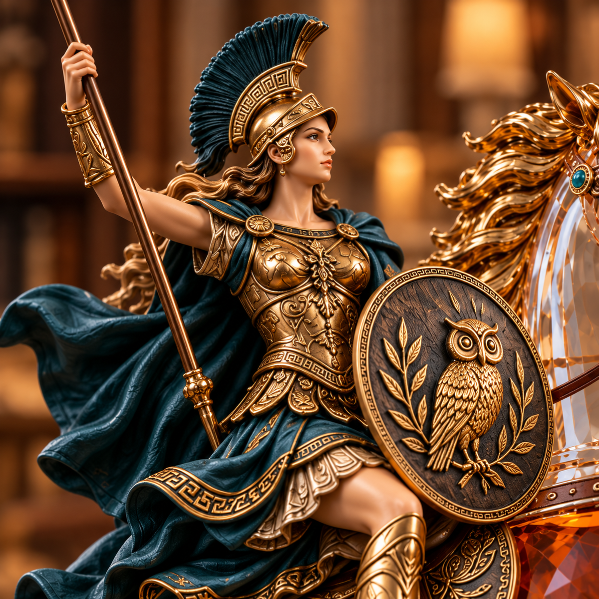 Detailed view of Athena’s owl shield, ornamental gold-colored armor, and Greek-key trim on the helmet and blue drapery
