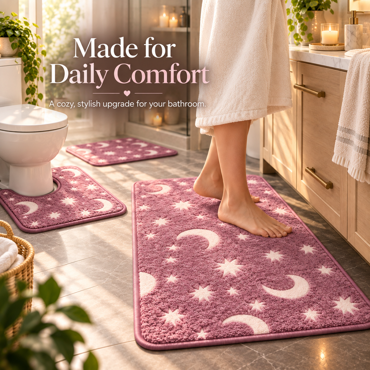 Pink moon and star bath mat in a bright modern bathroom