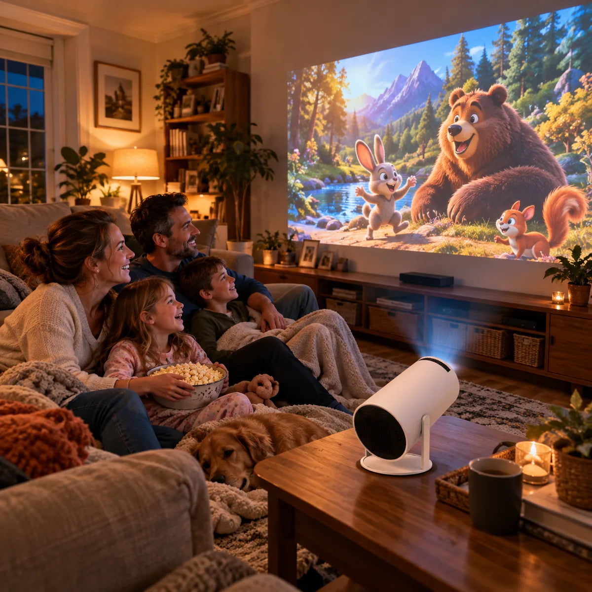 Family of four enjoying an animated movie on the wall