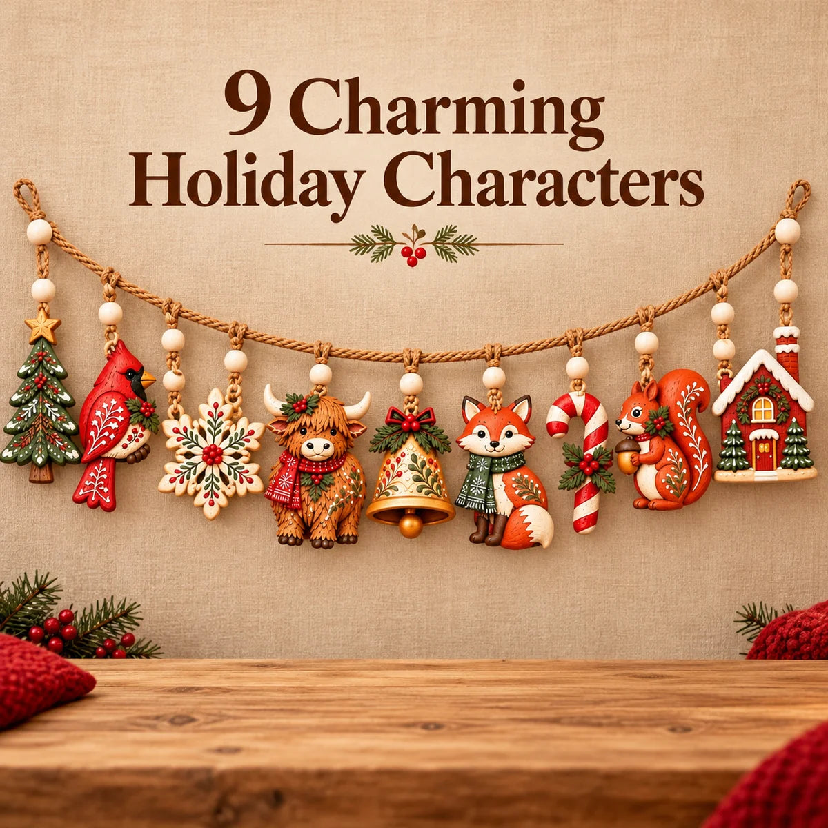 All nine woodland Christmas charms on one garland