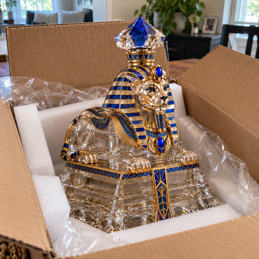Empty decanter pictured inside a newly opened shipping box