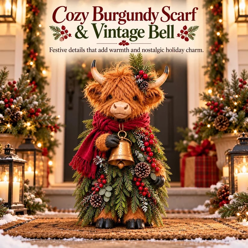 Christmas Highland Cow Figurine with Bell