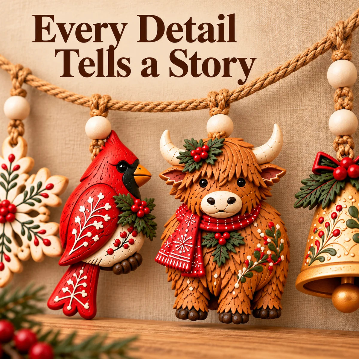 Cardinal and Highland cow ornament details