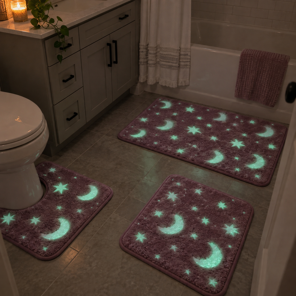 Customer-style photo of the moon and star bathroom mat set