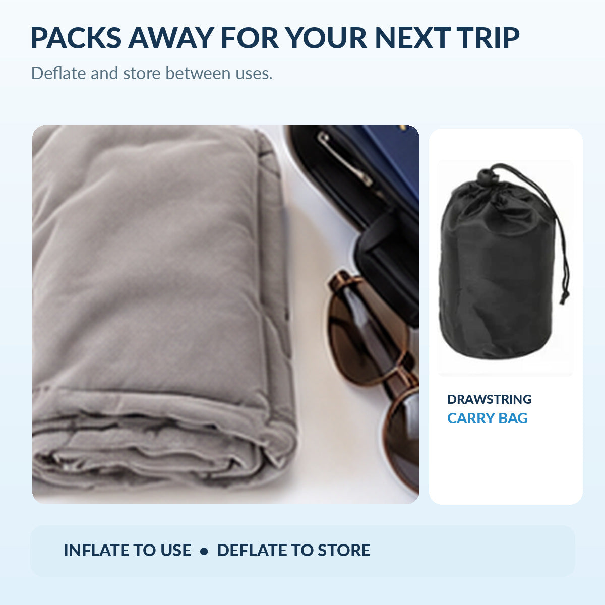 Deflated gray travel pillow folded beside luggage and a black drawstring carry bag