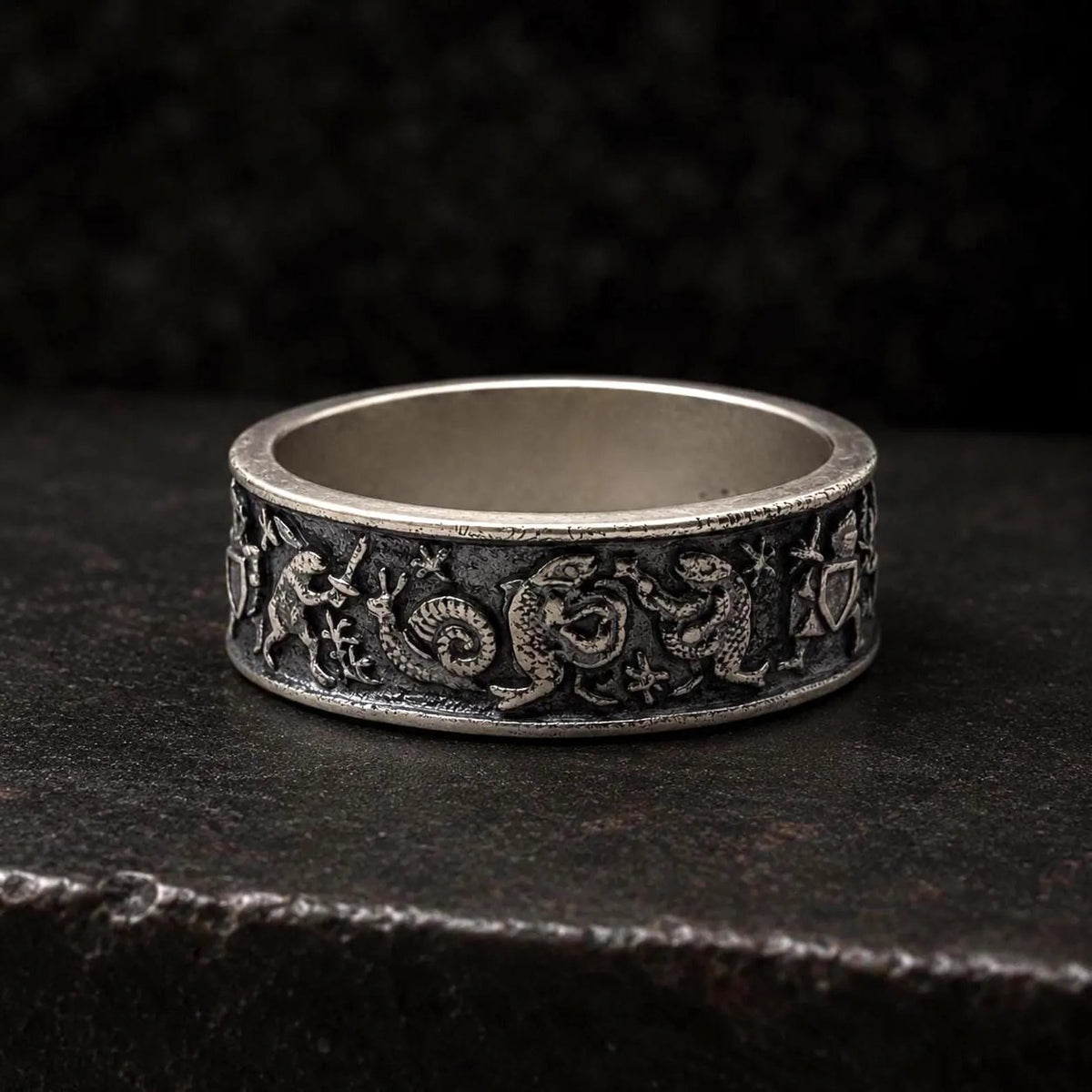 Medieval Marginalia Ring – Vintage Silver Ring with Whimsical Medieval Engravings 100% 925 Sliver