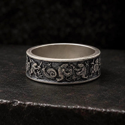 Medieval Marginalia Ring – Vintage Silver Ring with Whimsical Medieval Engravings 100% 925 Sliver