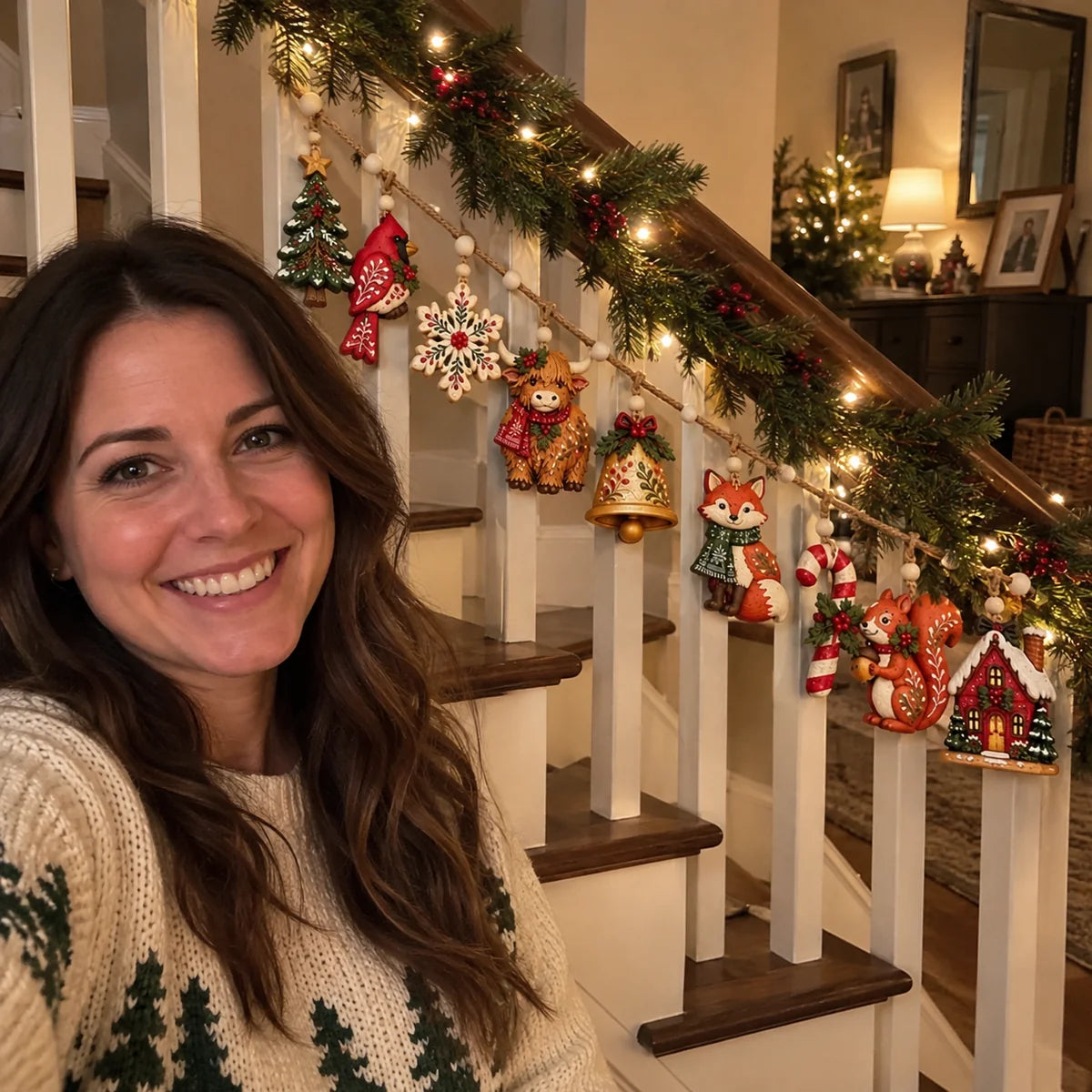 Holiday staircase adorned with woodland ornaments