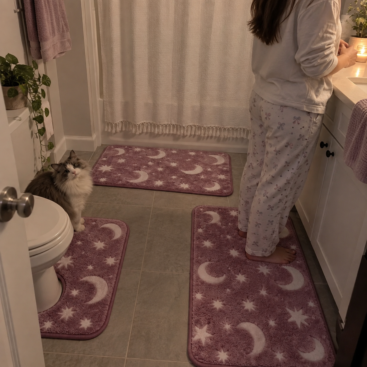 Customer-style photo of pink moon and star bathroom mats