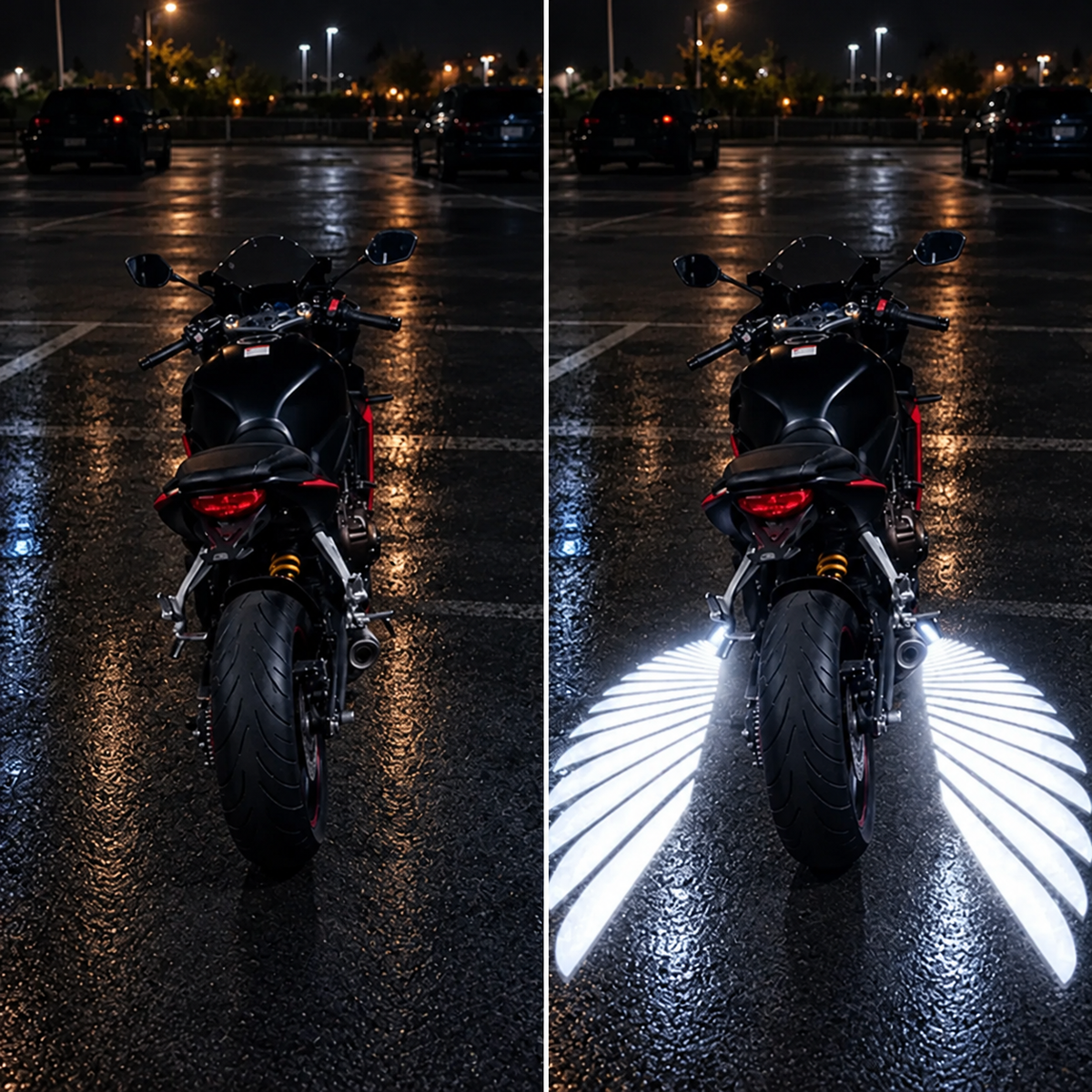Before and after comparison of the same motorcycle at night without and with white wing projection lights