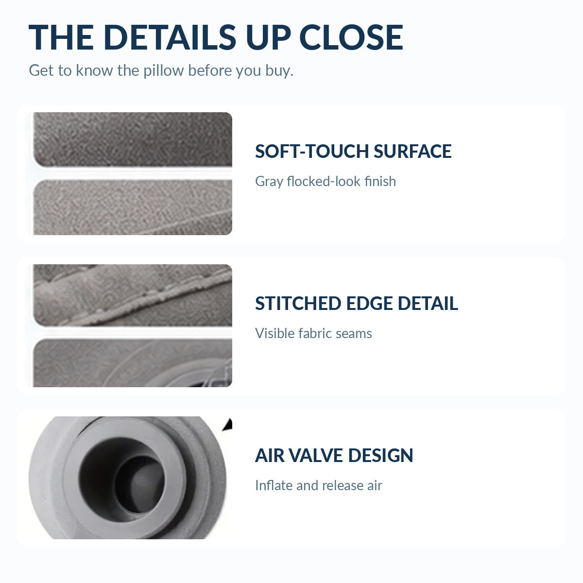 Close-up details of the gray surface texture, stitched seams, and air valve