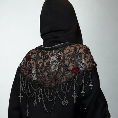 🖤 Gothic Reveal Hoodie for Alternative Fashion Lovers – Lace, Skull & Rose Design