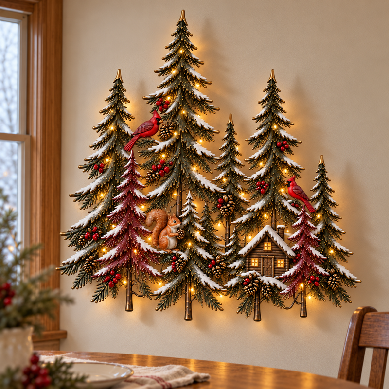 Woodland Glow winter forest wall decoration beside a dining table, with snowy trees, red cardinals, a squirrel and a small cabin