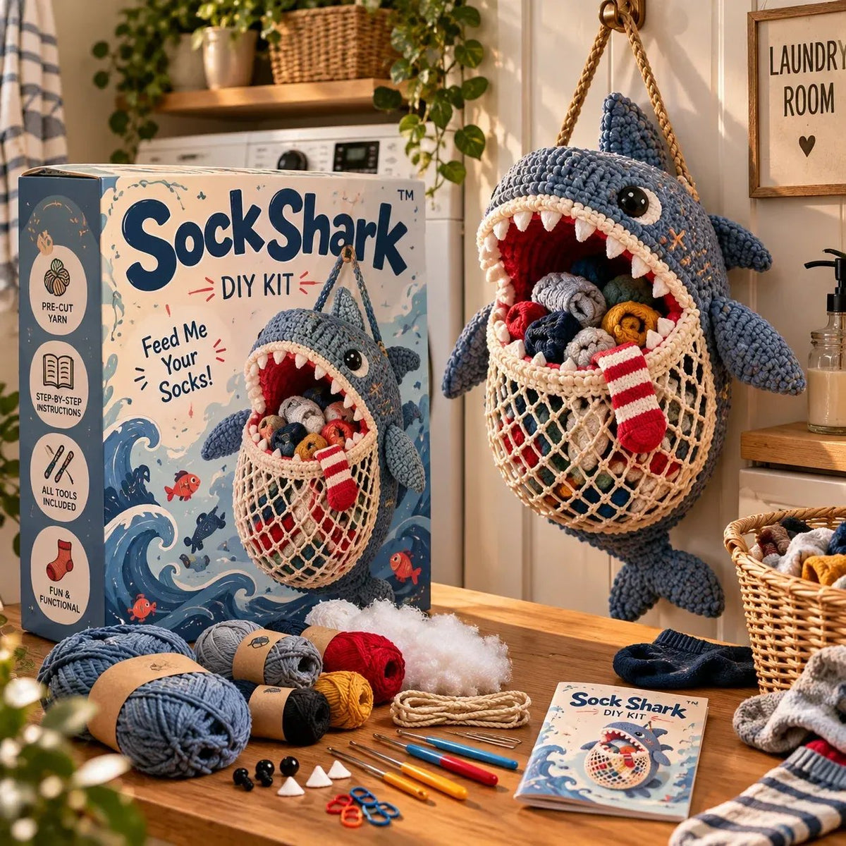 Sock Shark DIY crochet animal sock holder kit