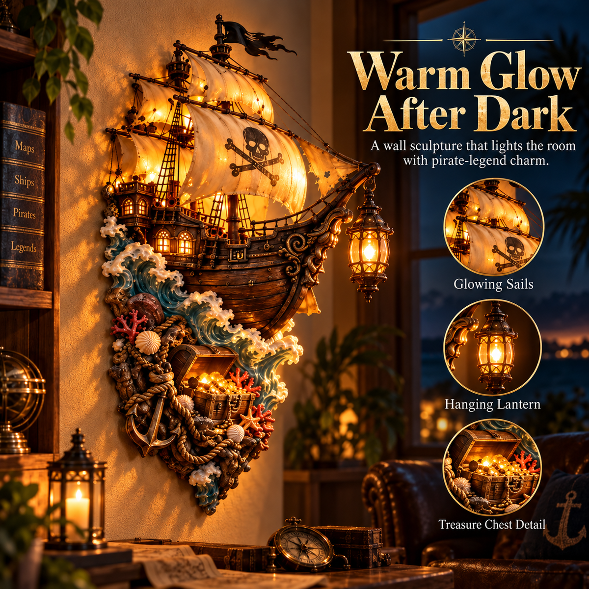 Captain's Lost Treasure – Lighted 3D Pirate Ship Wall Art, Vintage Nautical Decor for Home Bar, Study & Living Room