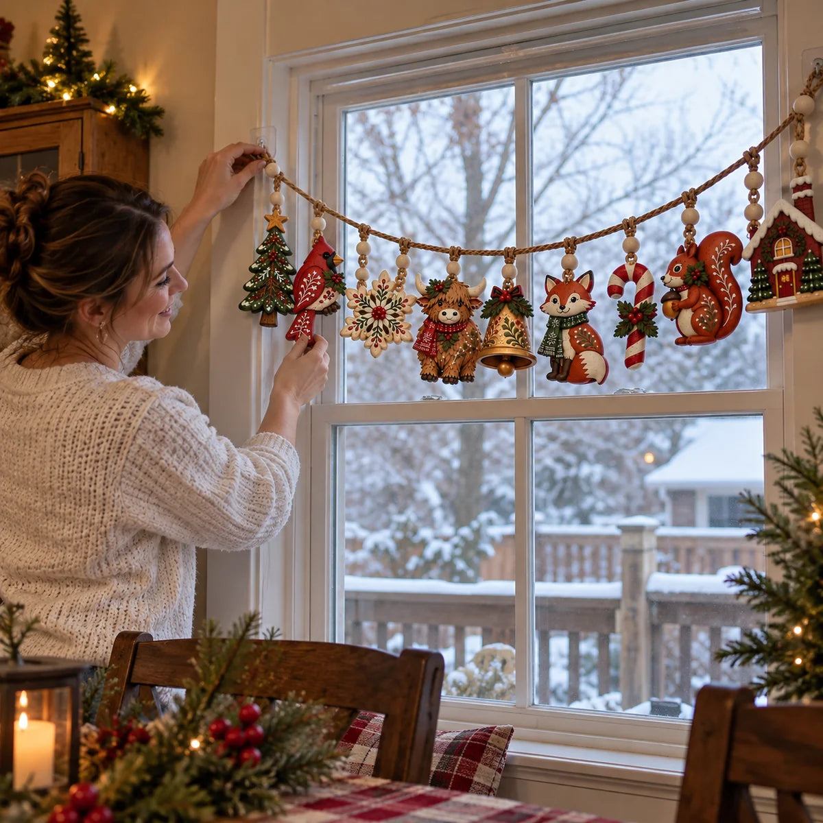 Woodland ornaments being arranged on a winter window