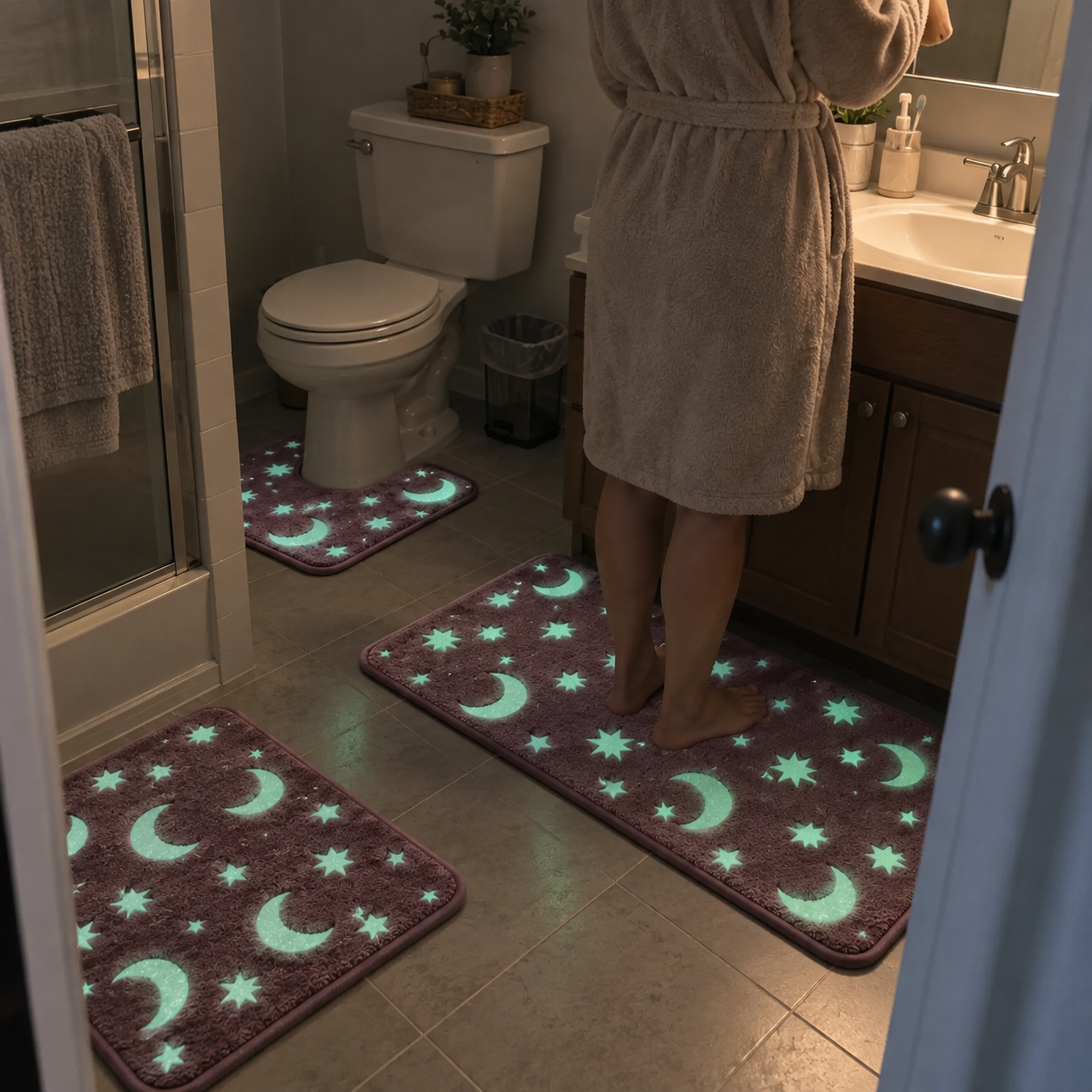 Customer-style photo of the glowing moon and star bathroom mat set
