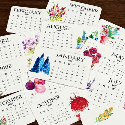 The illustrated 2027 botanical calendar cards arranged as a complete collection