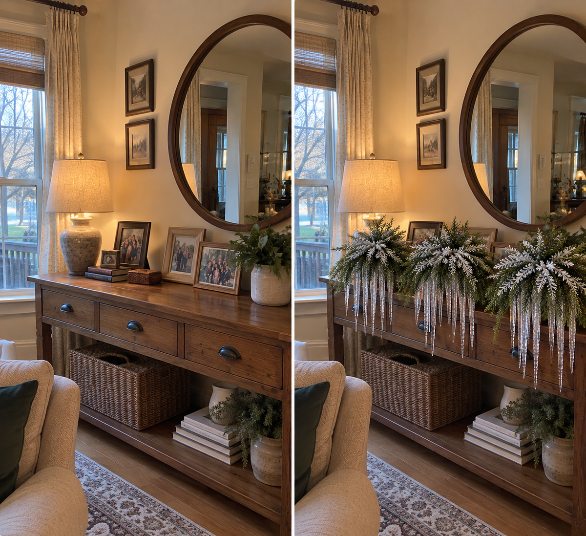 Side by side before and after view of a wooden console decorated with winter icicle greenery