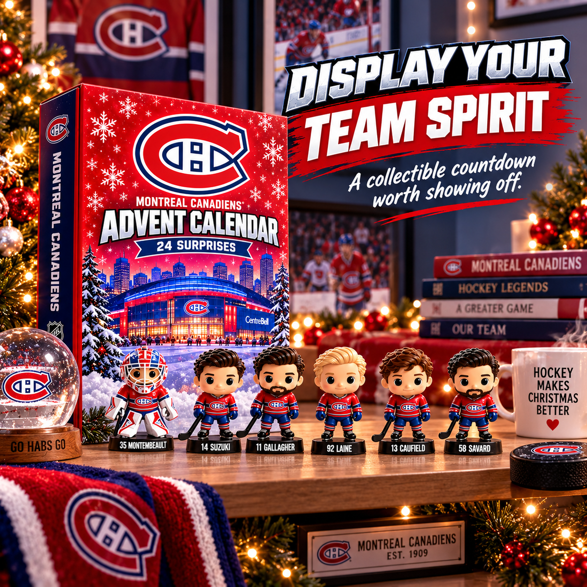 Mini hockey collectibles displayed on a shelf with holiday decorations