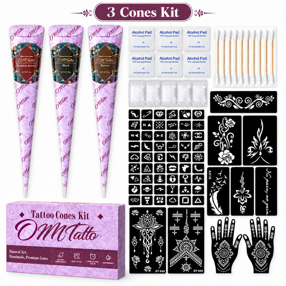 Three-cone DIY body art kit with templates and accessories