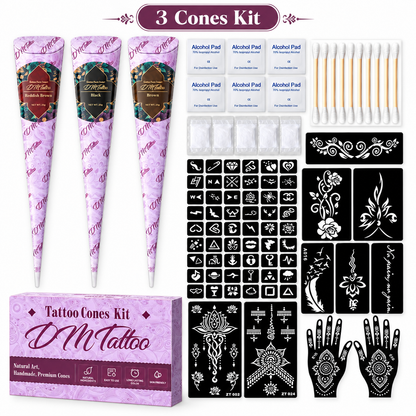 Henna Tattoo Kit with Stencils – Temporary Body Art Cones for Hands & Creative Designs