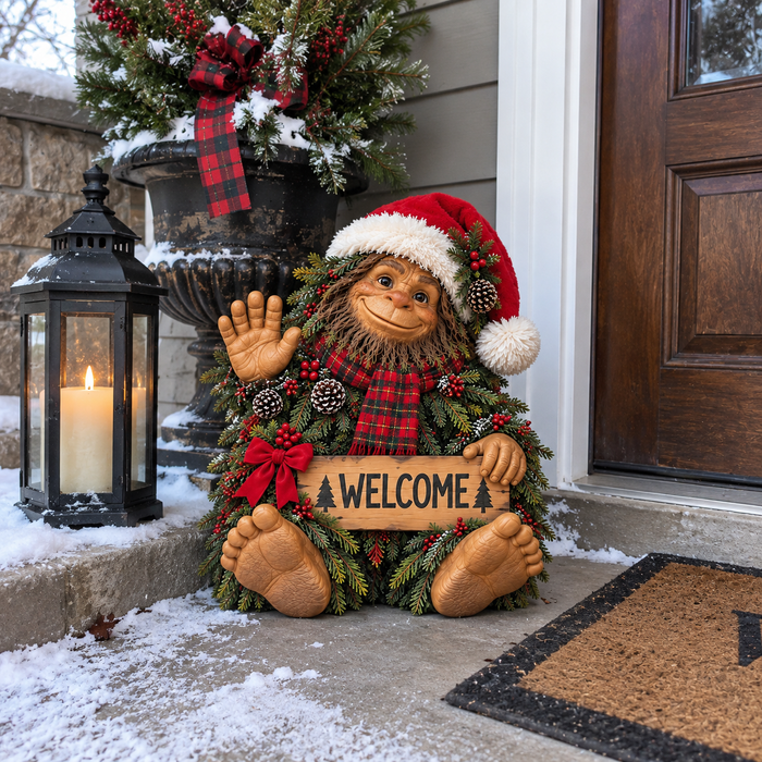 Christmas Sasquatch seen in a casual holiday home setting