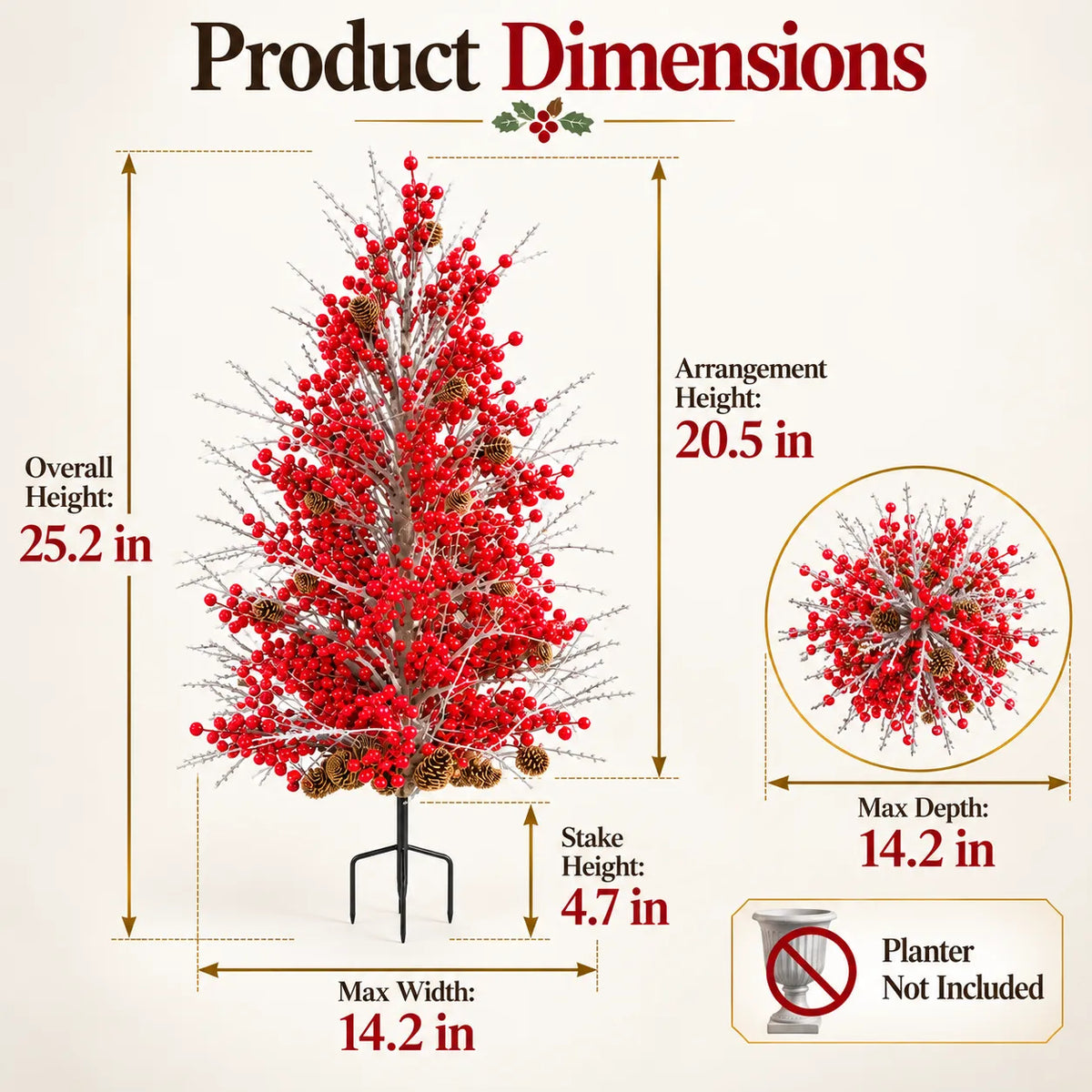 Product dimensions and stake construction of frosted red berry urn filler