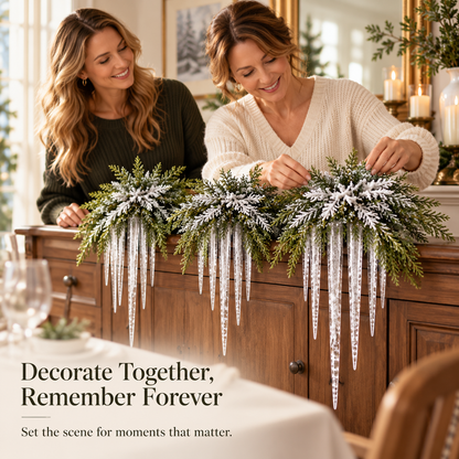 🎄 Snow-Frosted Cedar & Icicle Hanging Accent