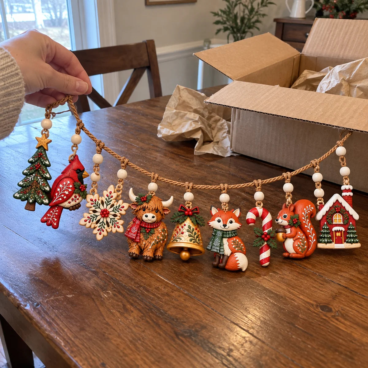Woodland garland beside an opened shipping carton
