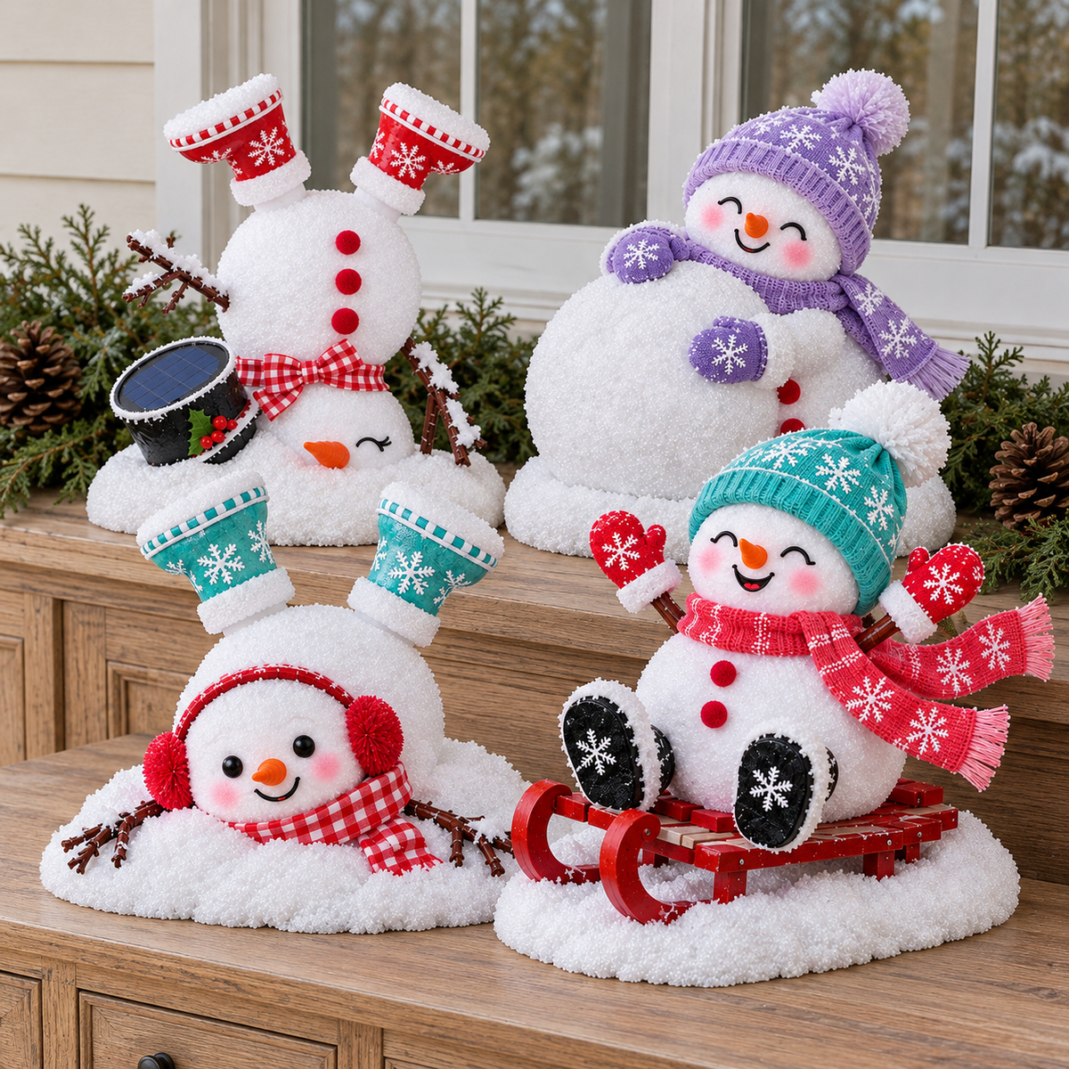 Two playful snowmen with garland on a holiday mantel