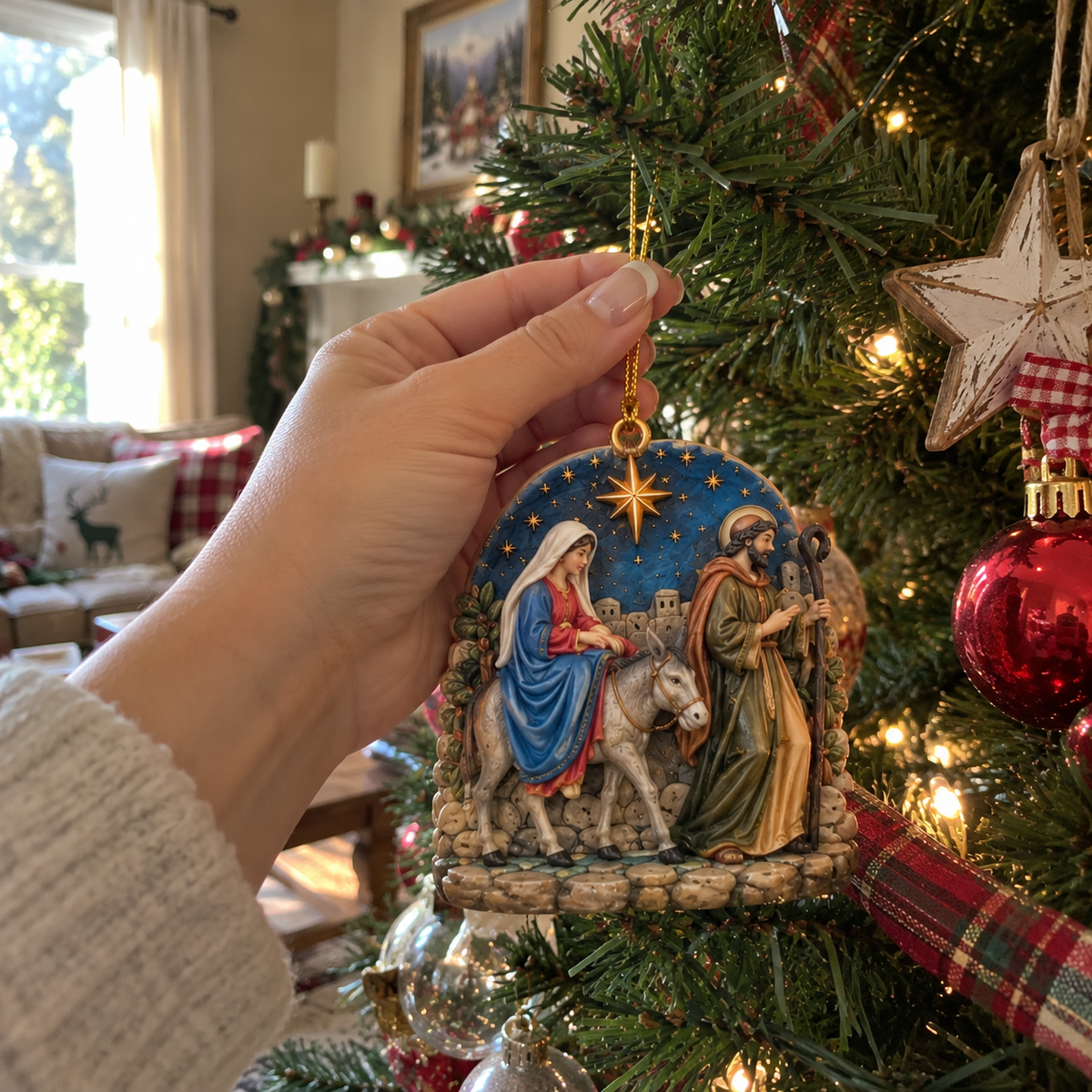 Nativity Story collection displayed on an entryway console table