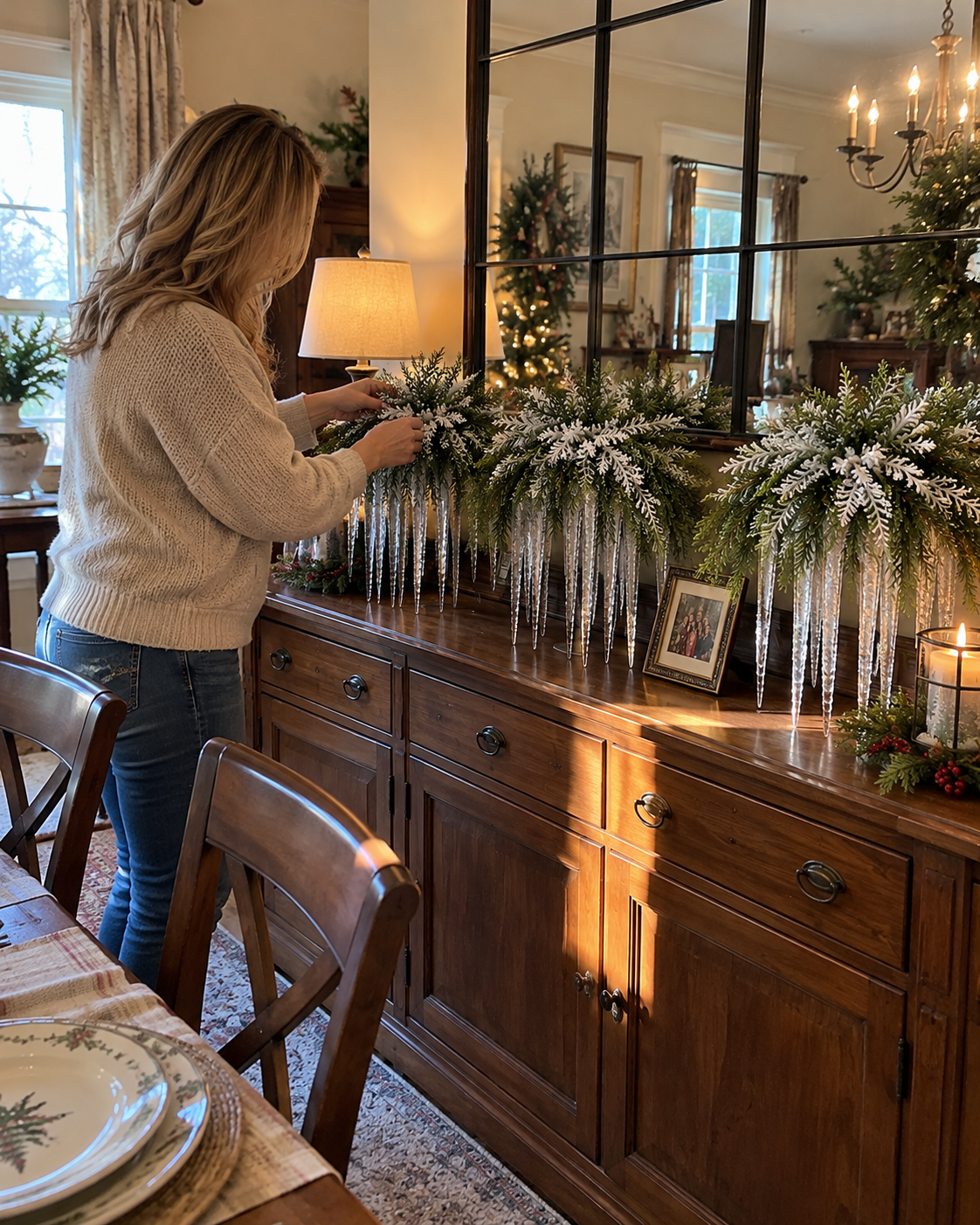 Woman arranging icicle winter decorations beneath a large wall mirror