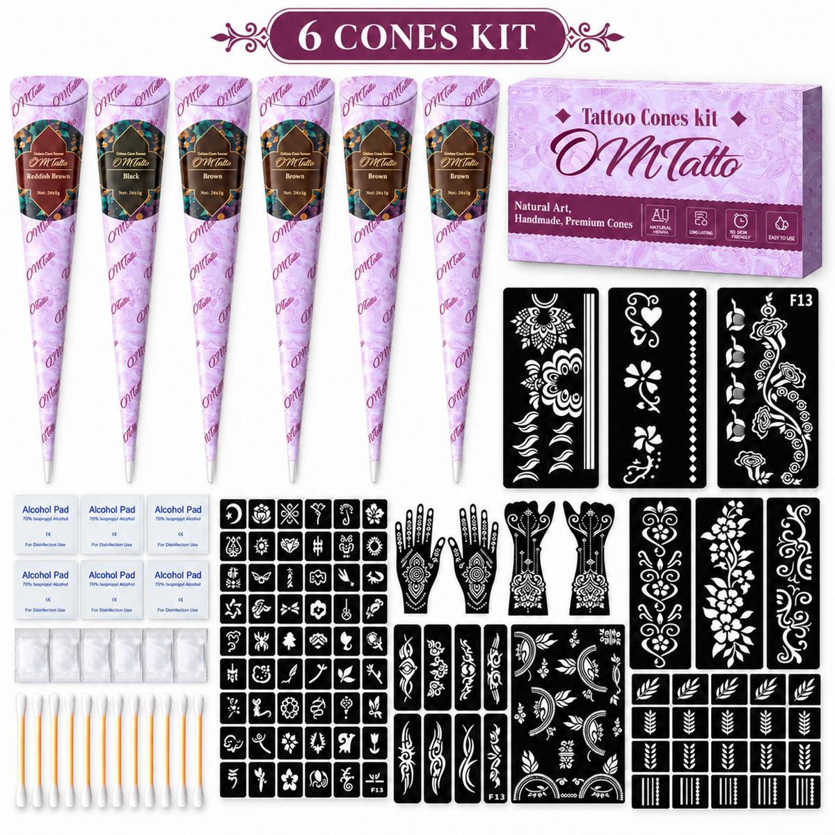 Six-cone DIY body art kit with an expanded stencil assortment