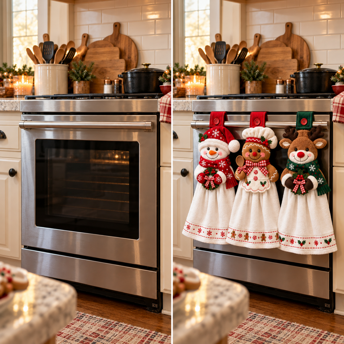 Before and after comparison of the same oven without and with three Christmas hanging kitchen towels