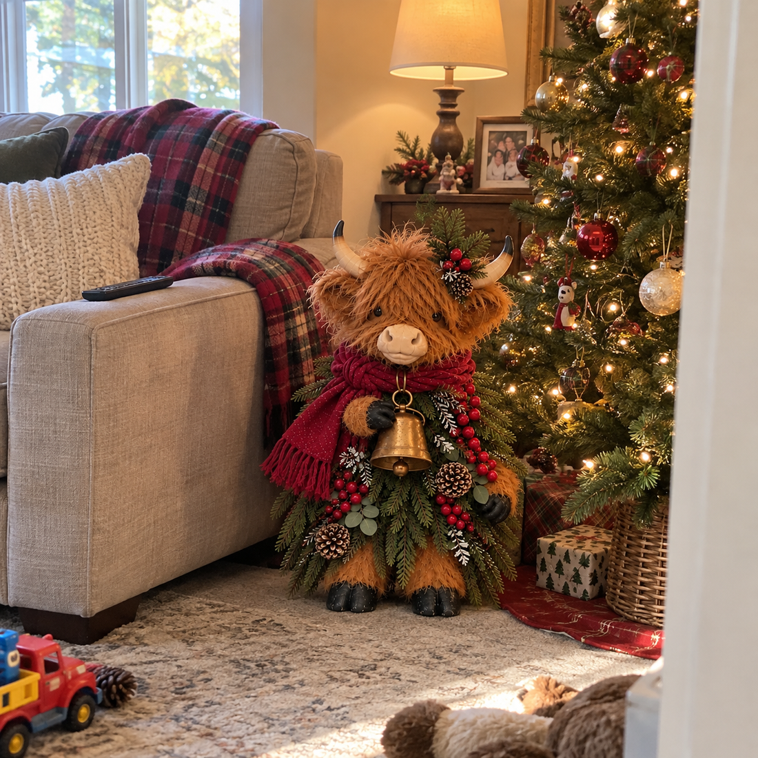 20-inch-sized Christmas Highland cow decorating an entryway floor